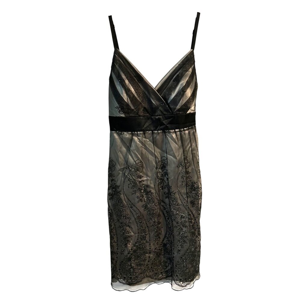 Black Silver Lace Overlay Dress Ribbon Tie Fairygoth Whimsigoth Prom Size 9 XS